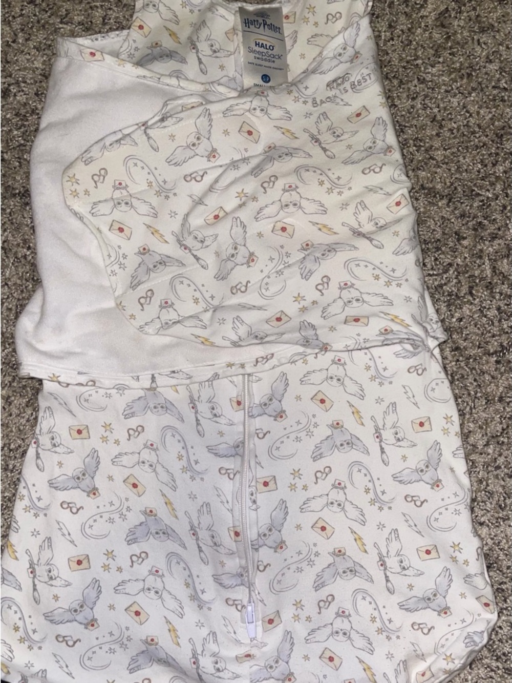 Halo Kids Sleep Sack in White with Gray and Gold Magical Owl Print
